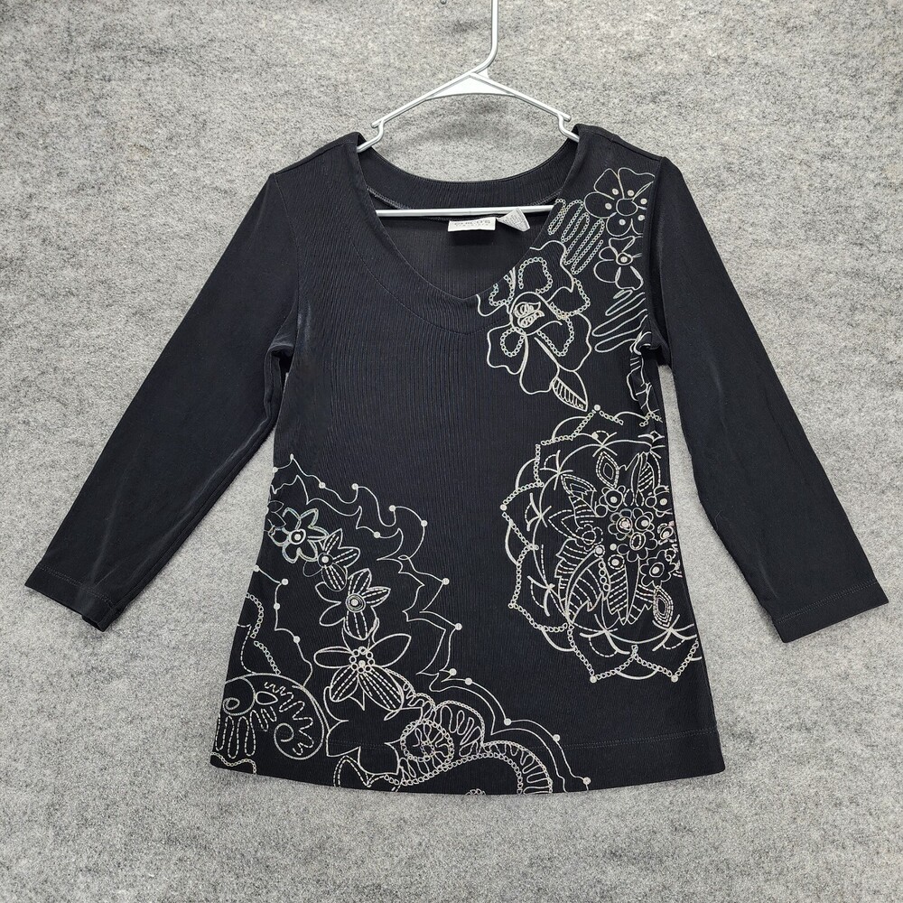 Chicos Travelers Blouse Womens Size 0 US Small 3/4 Sleeve Black Shirt